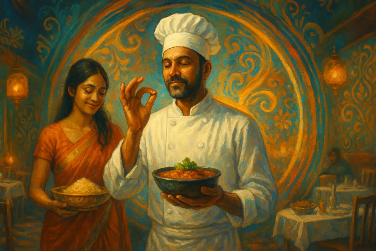 **Meta Title:** The Spiritual Science of Indian Restaurant Leadership – Balancing Art, Culture, and Strategy  **Alt Text:** A serene and artistic digital painting of an Indian restaurant owner surrounded by golden and maroon light patterns, symbolizing the balance between art, science, culture, and business mastery in running a restaurant. The image conveys a spiritual yet modern approach to leadership, creativity, and growth in the hospitality industry.