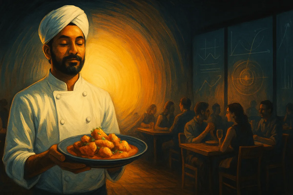 A semi-realistic digital painting of an Indian restaurant owner standing confidently behind a counter under warm golden lighting, presenting a single signature dish. The background shows guests dining and enjoying the same meal, symbolizing focus, brand clarity, and consistency. Subtle geometric and data-inspired patterns in the air evoke precision, strategy, and modern business discipline within a vibrant restaurant atmosphere.