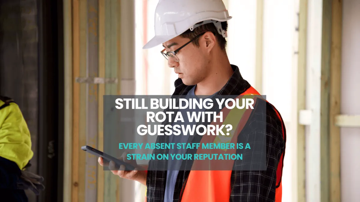 Construction site manager checking phone due to staff scheduling confusion, promoting HeyTeam workforce coordination software for real-time rota visibility