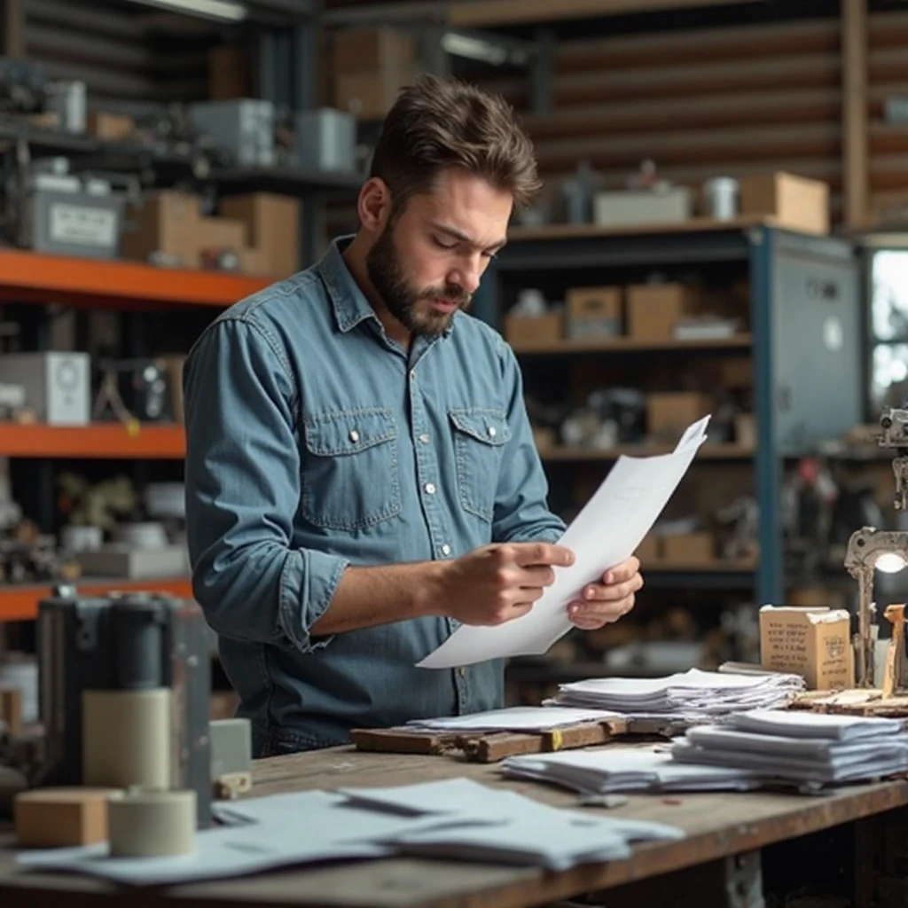 1 CRM automation for manufacturing - small workshop owner at a cluttered desk
