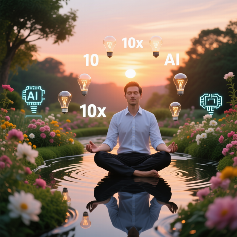 5 AI Scaling - founder meditating in flow garden with blooming 10x ideas
