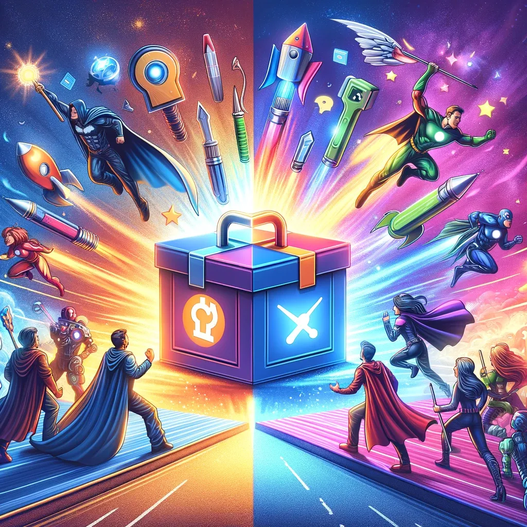 Cover image for a blog post depicting a split theme: on one side, a magical, all-in-one toolbox symbolizes all-in-one e-commerce software, and on the other, a group of diverse superheroes represents separate specialized services, set against a dynamic, colorful background, appealing to a younger audience.