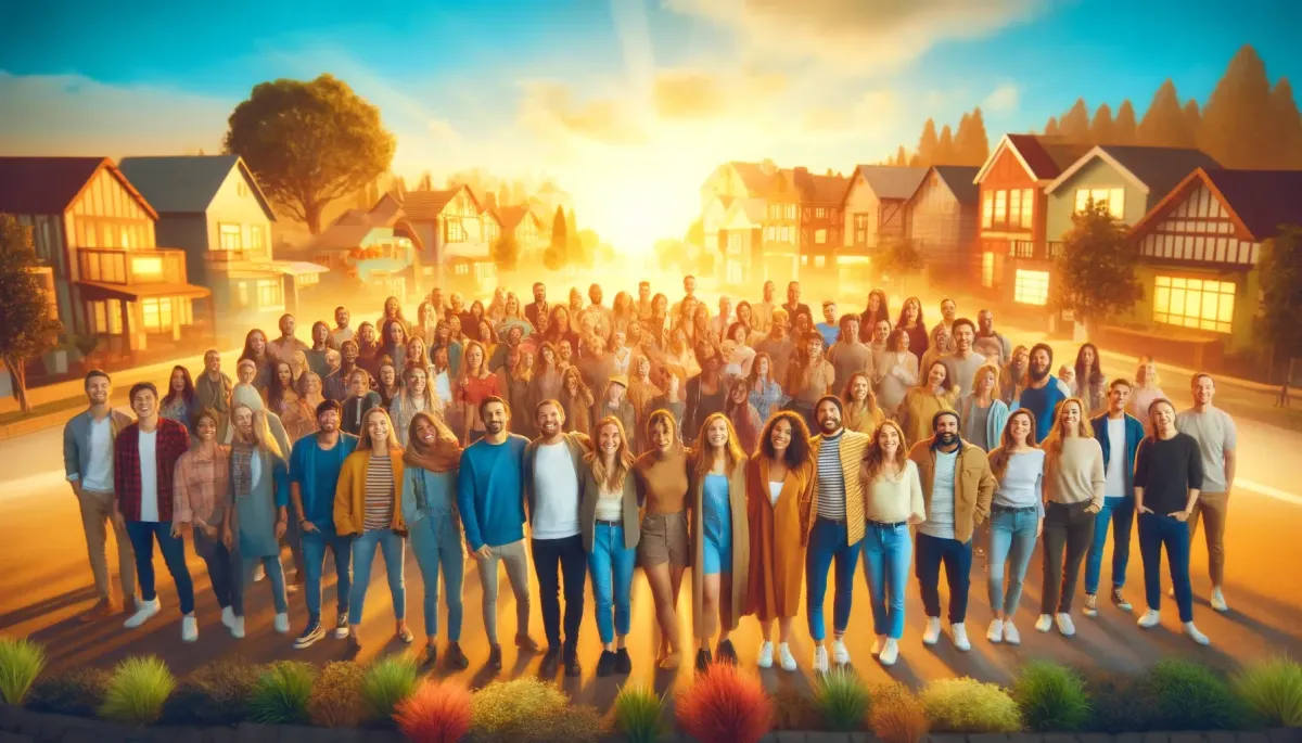 A diverse group of really happy people of all races, sexes, and sizes, standing together in a surreal golden hour setting with whimsical floating houses and fantastical buildings.