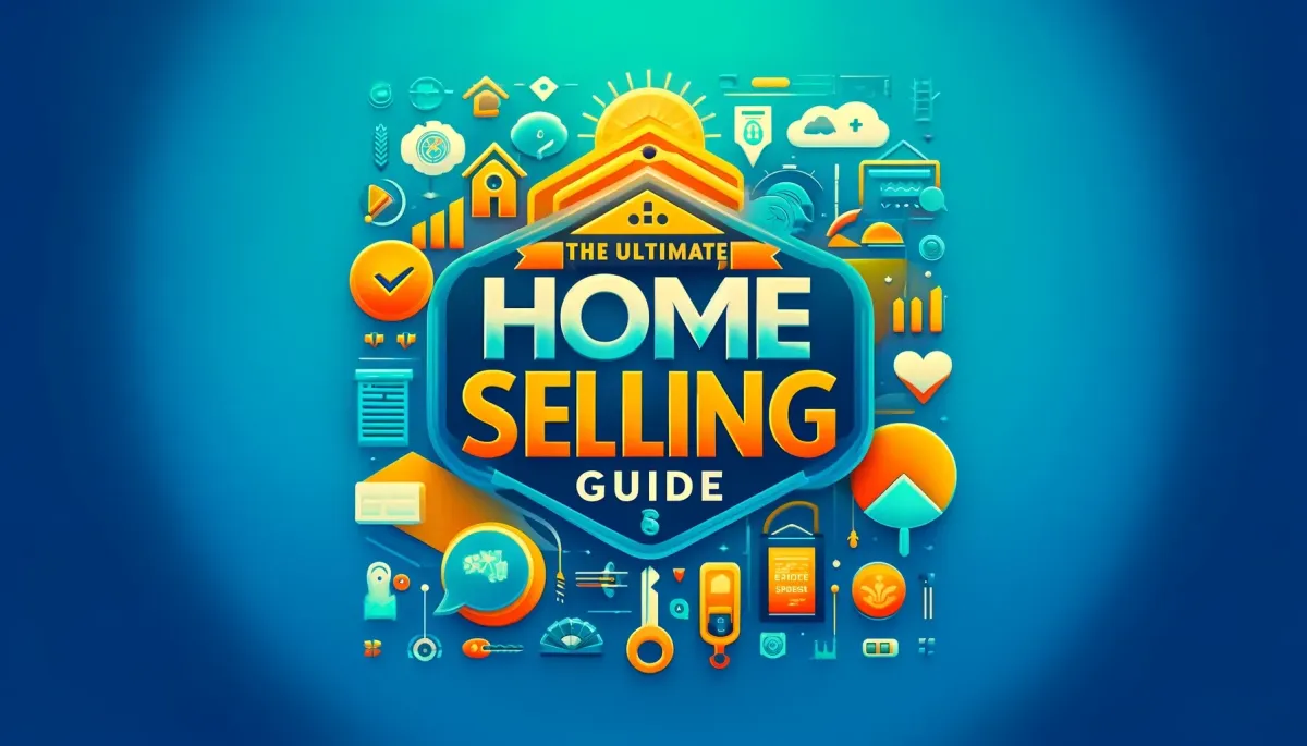 A vibrant cover image for the blog article "The Ultimate Home Selling Guide," featuring a gradient blend of Vivid Sky Blue and Tangerine Yellow with icons related to home selling.