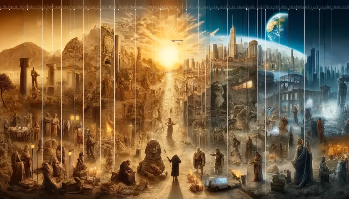 A panoramic, wide-angle timeline showcasing key milestones in the history of real estate investing, from ancient civilizations to the modern digital age. The background depicts various historical and modern scenes representing different eras: ancient Egypt with warm, golden hues; medieval castles with cooler, subdued light; Renaissance cities with dynamic, bustling scenes; industrial revolution urban centers with gritty, industrial lighting; and contemporary cityscapes with bright, natural lighting. The overall mood is educational and inspiring, highlighting the evolution and enduring importance of real estate investing. The perspective captures the entire timeline and the transition between different historical periods in a semi-realistic style with illustrative elements. The image uses a 24mm lens, f/8, medium shutter speed for balanced clarity and depth, with a moderate depth of field to keep each historical period in focus. The color palette transitions from warm and earthy tones for ancient and medieval periods to cooler and industrial tones for the industrial revolution, and bright, vibrant colors for the modern era. Additional elements include key historical figures, architectural landmarks, and artifacts from each period to enrich the visual storytelling