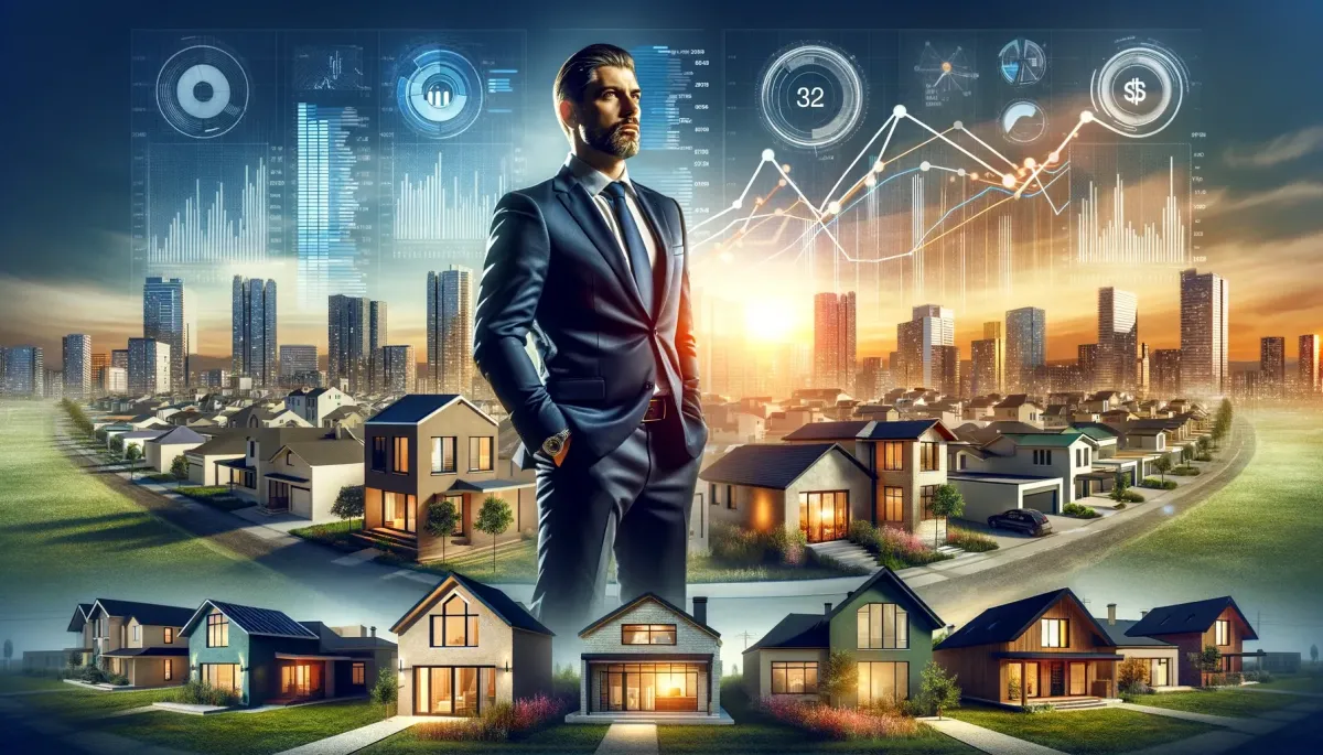 A dynamic and confident real estate investor standing in front of various types of properties in a bustling urban environment. The background showcases single-family homes, multi-family buildings, office spaces, retail shops, and industrial warehouses. The scene is illuminated by golden hour lighting, giving a warm, inviting glow. The mood is ambitious and optimistic, reflecting the journey towards financial freedom and successful investments. The perspective is a wide-angle view capturing both the investor in the foreground and the array of property types in the background. The style is photorealistic, with vibrant colors and natural tones for the properties and warm hues from the golden hour lighting. Subtly integrated into the background are financial graphs or charts, symbolizing investment strategies and market analysis.