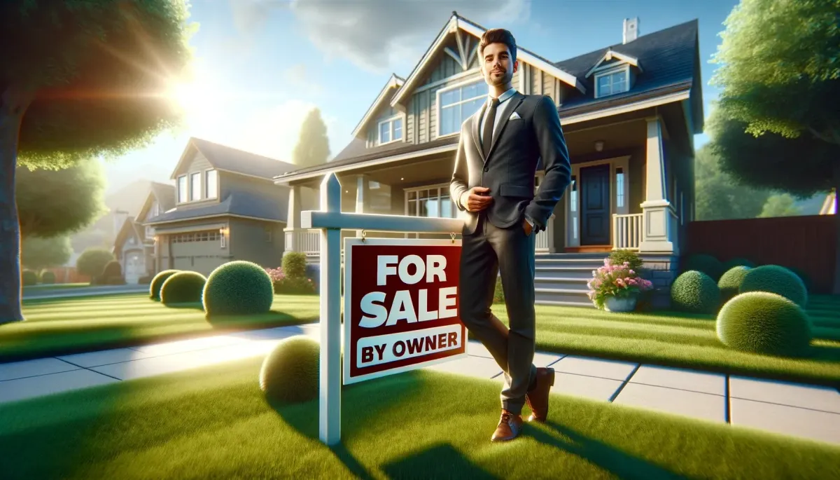 Confident homeowner standing in front of their well-maintained suburban house, proudly holding paperwork with a 'For Sale By Owner' sign prominently displayed in the front yard. The setting is a bright, sunny day in a pleasant neighborhood with green lawns and neighboring houses, capturing an inviting and professional atmosphere.