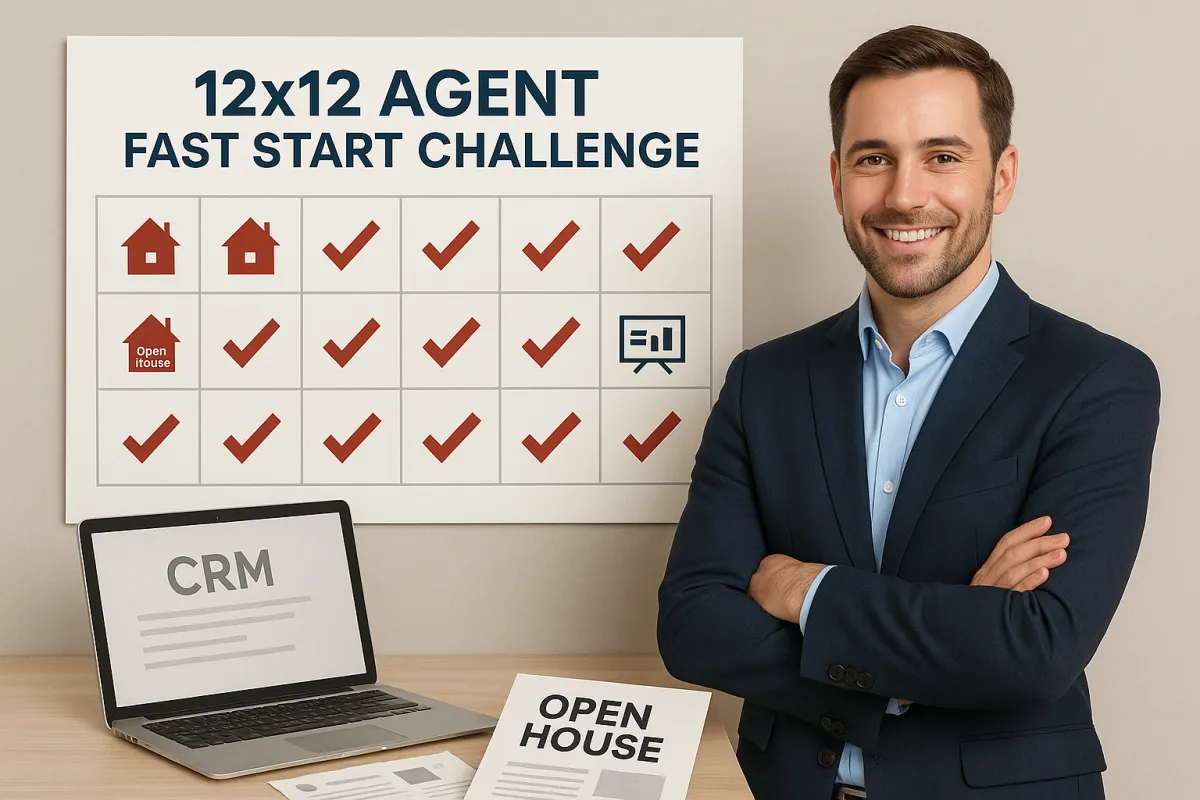Real estate agent planning a 14-day lead generation challenge with calendar, flyers, and CRM tools