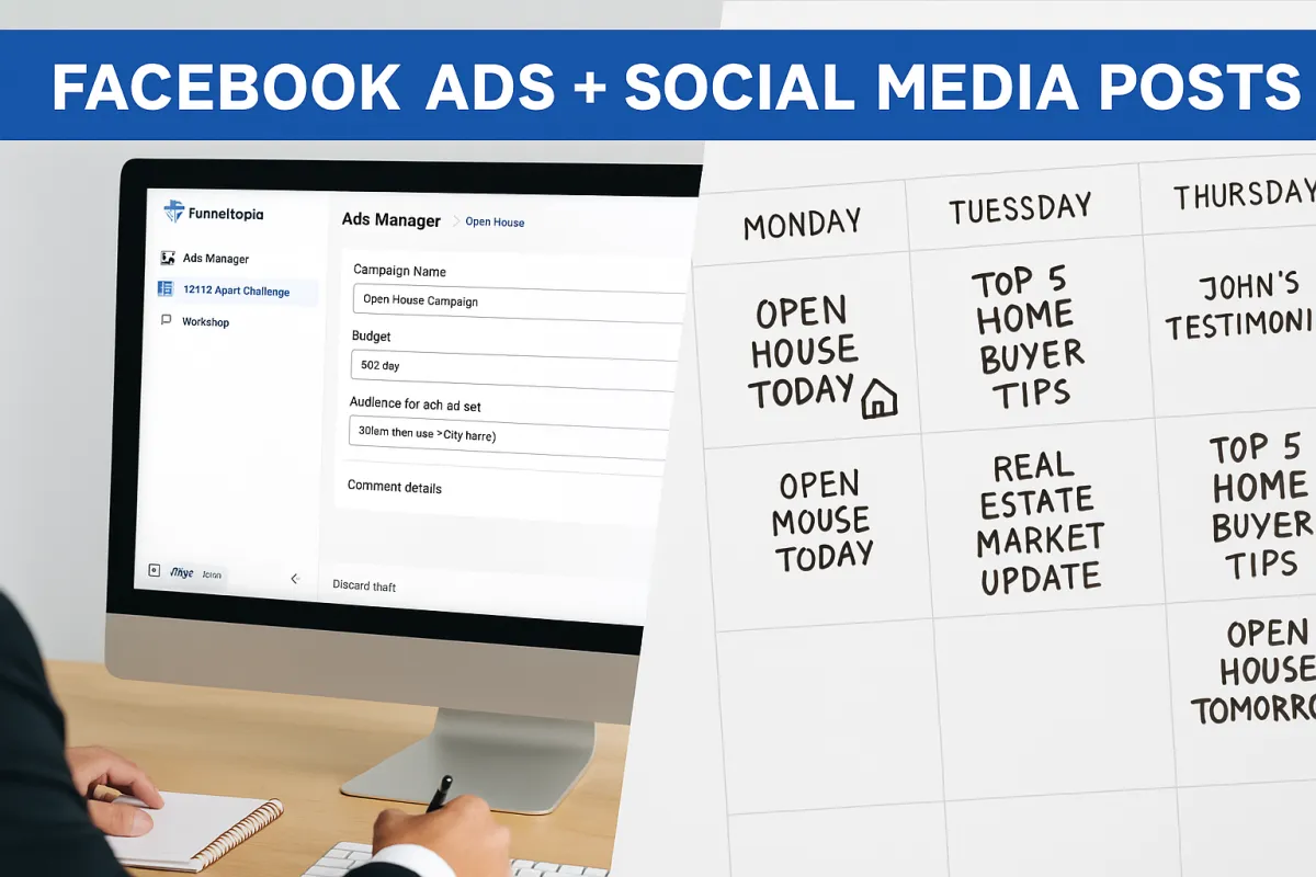 Real estate agent setting up Facebook ad on desktop while reviewing a two-week social media content calendar for open houses and workshops