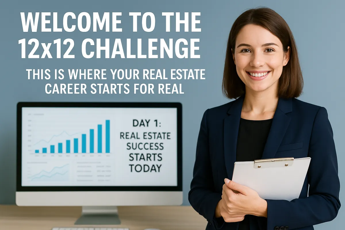 Real estate agent starting a 12-day challenge with a checklist in hand and growth charts in the background