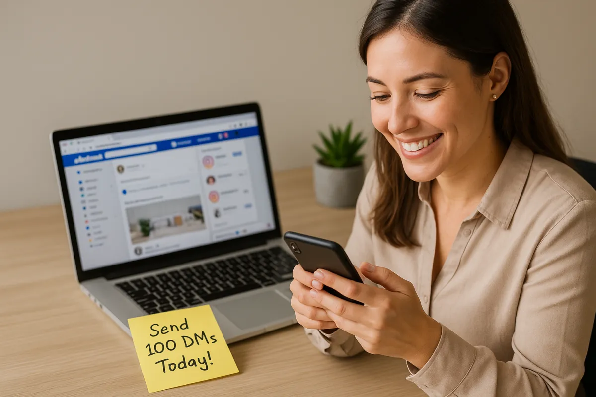 Real estate agent sending direct messages to her social media network with Facebook and Instagram on screen and a note to send 100 DMs today