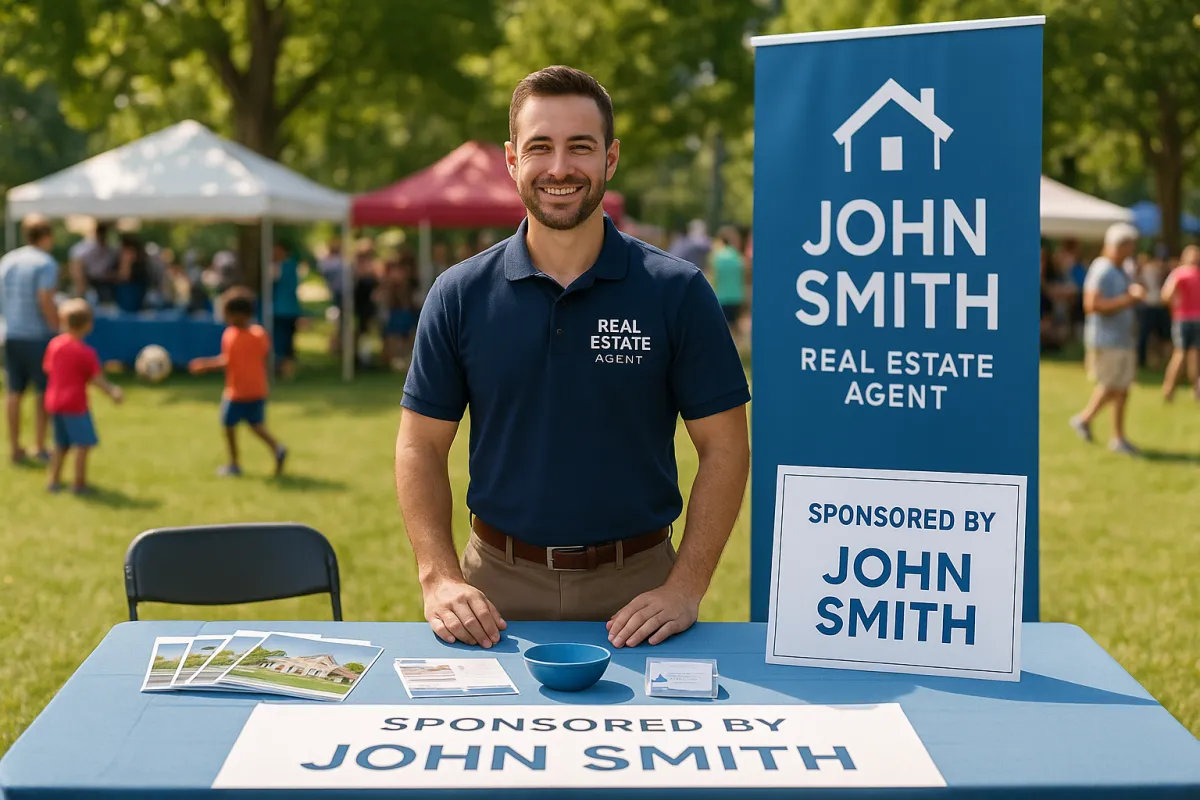 Real estate agent sponsoring a local event, standing at a booth with promotional materials and engaging with the community