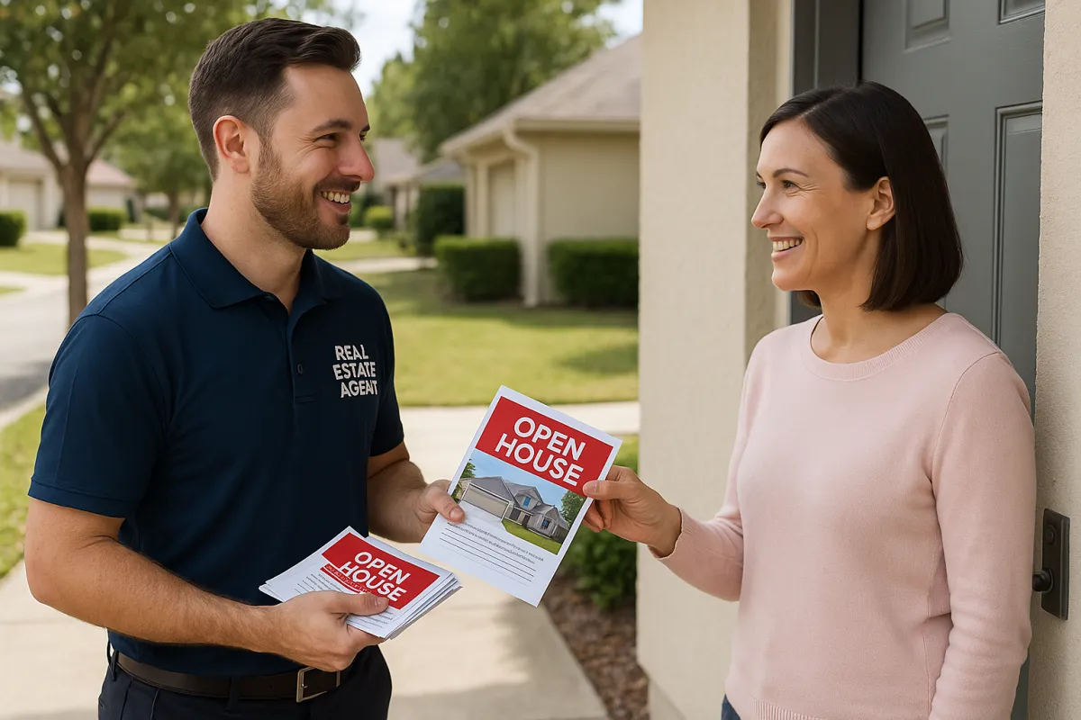 Real estate agent door knocking and handing open house flyer to a neighbor in a suburban neighborhood