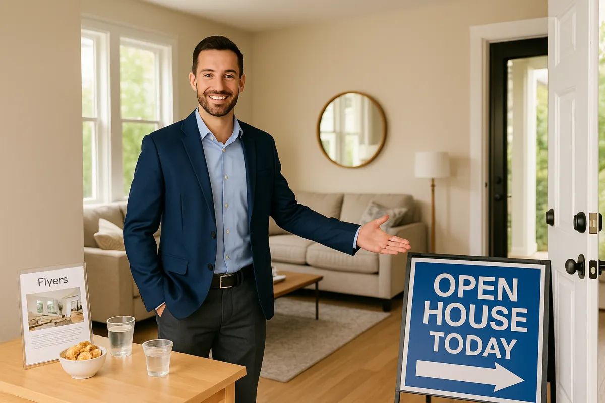 Real estate agent hosting an open house, greeting visitors inside a well-staged home with property flyers on a table