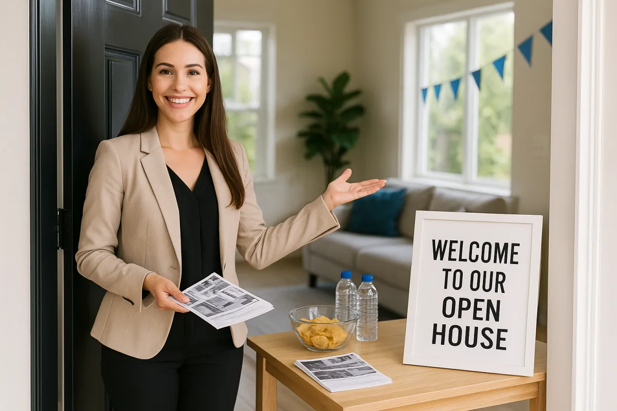 Real estate agent hosting a second open house, greeting visitors at the door with flyers and refreshments prepared inside the home