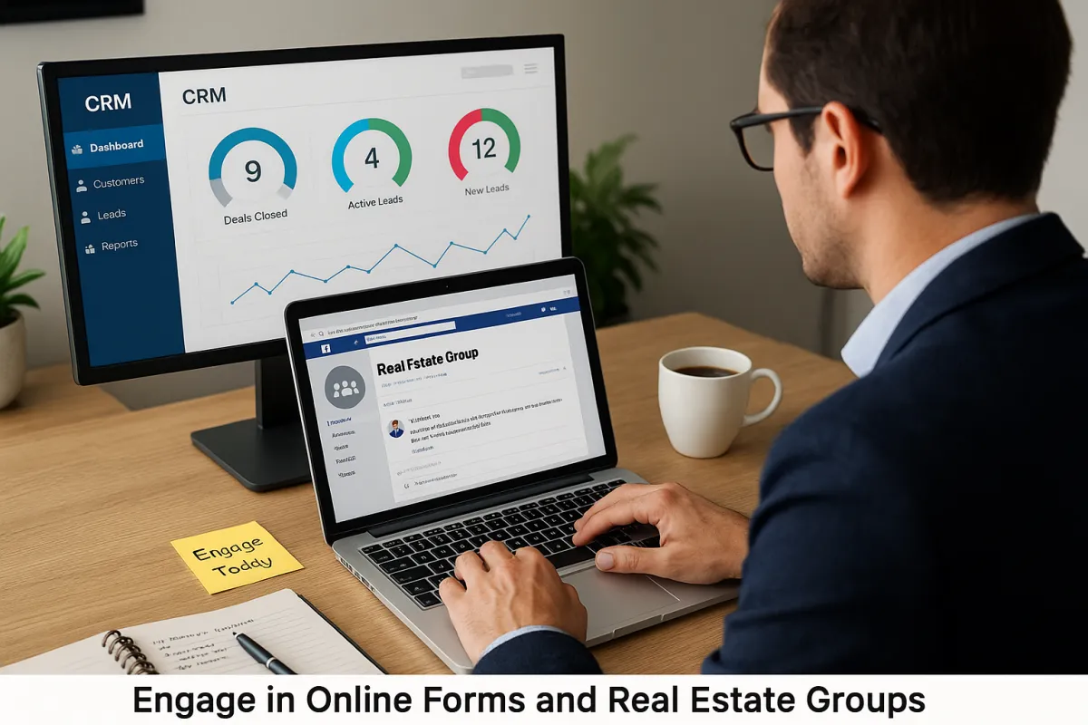 Real estate agent engaging in online forums and Facebook groups from a home office with CRM and workshop ads visible on screen