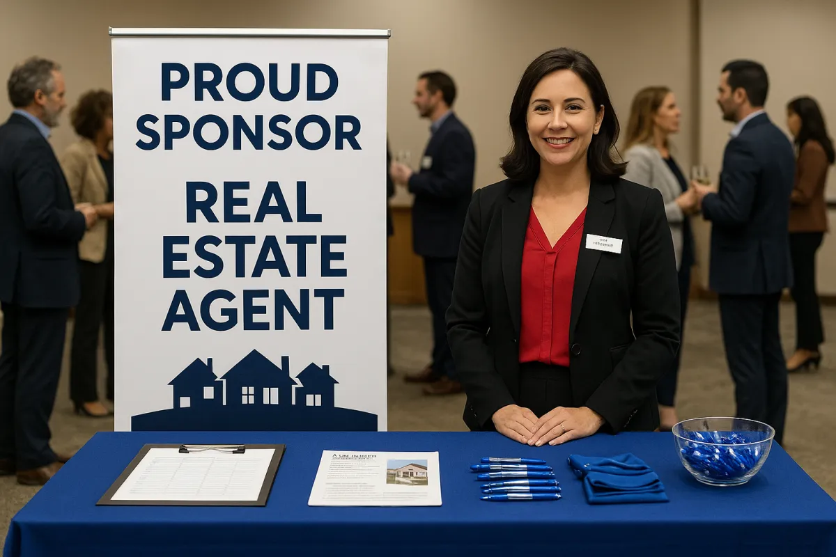 Real estate agent sponsoring a local business event, standing behind a branded table with promotional materials and networking with community attendees
