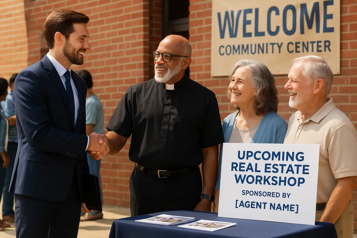Real estate agent partnering with local church leaders and engaging community members to promote a real estate workshop and open house