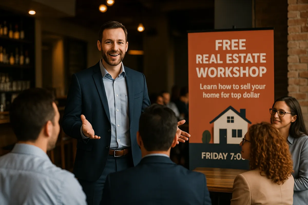 Real estate agent speaking at a local meetup, engaging a small audience and promoting an upcoming real estate workshop