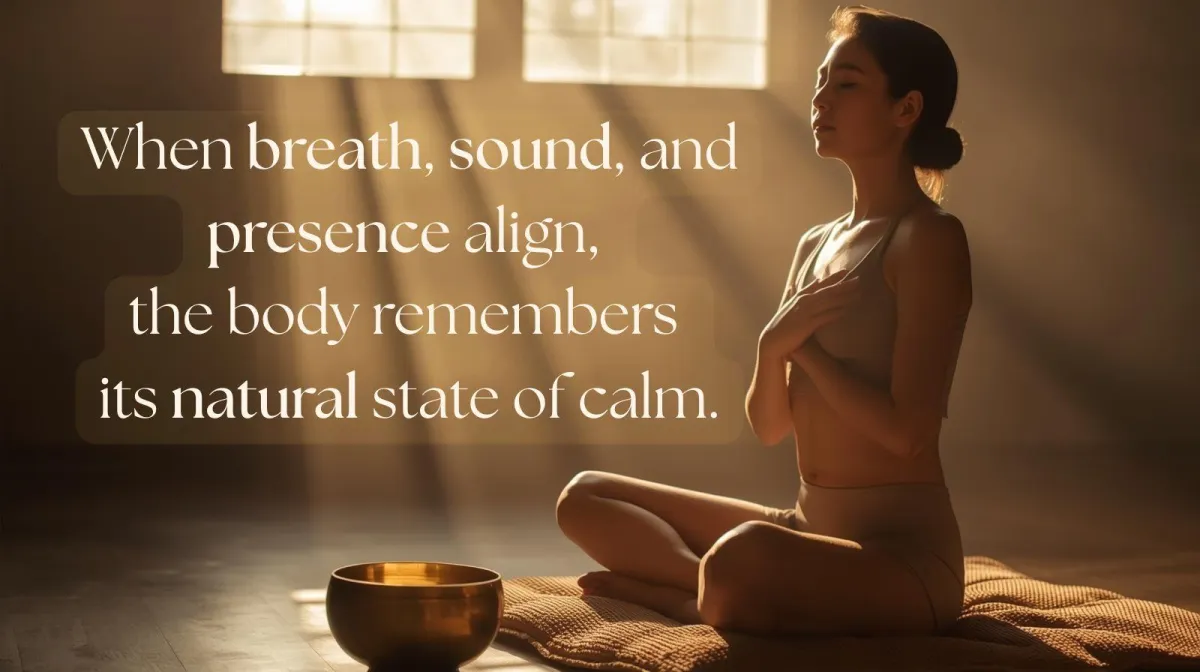 Person meditating with hand on belly beside a singing bowl for breath, sound, and presence stress relief