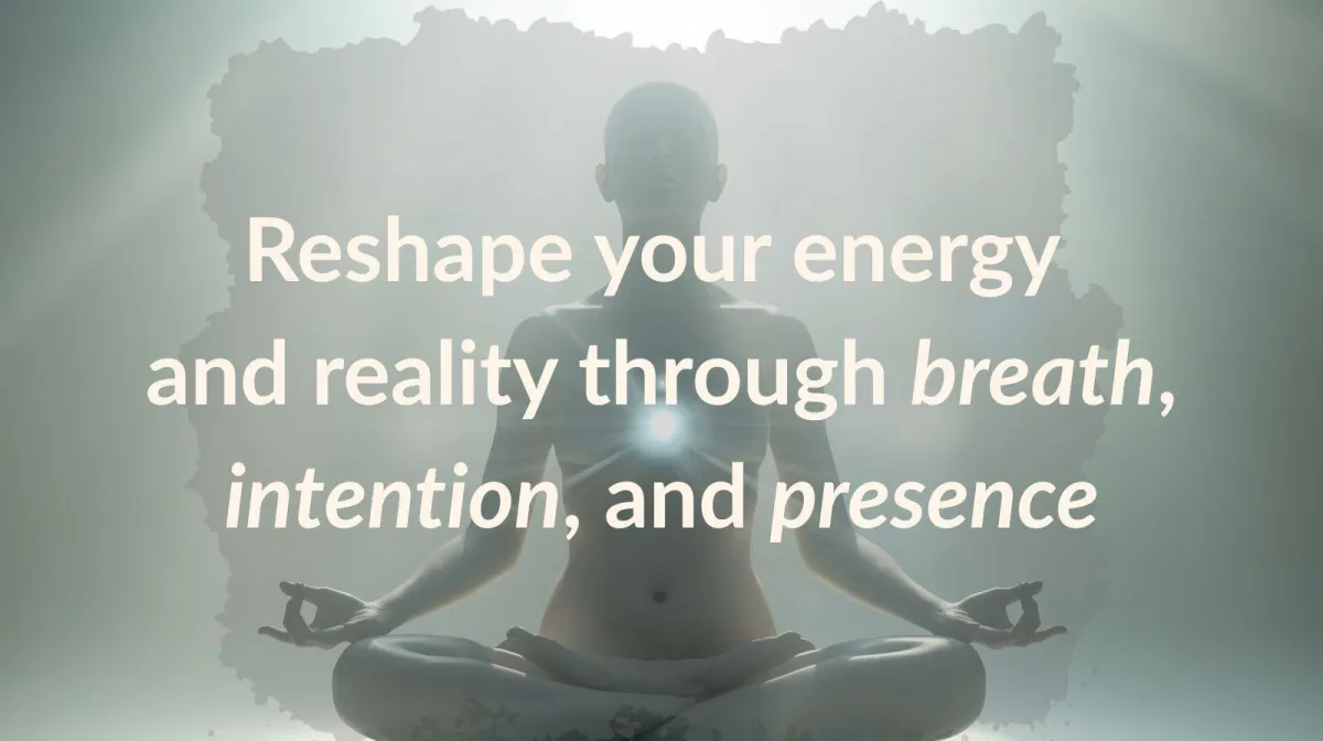 Person meditating with hand on belly, soft light, embodying breathwork and energy transformation.