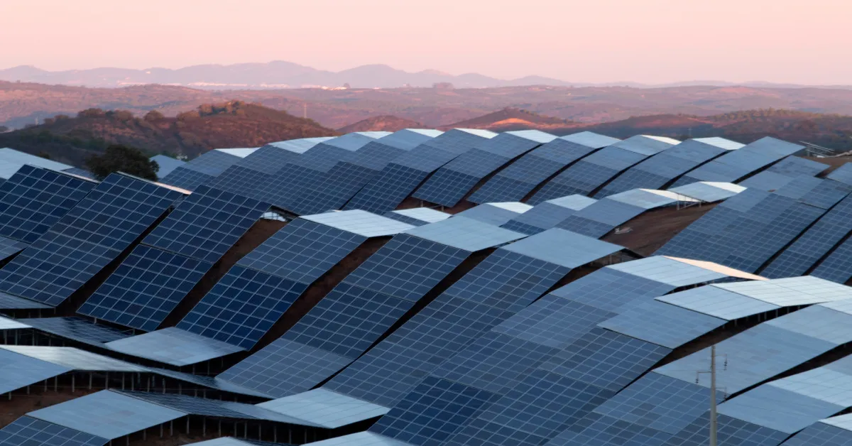 Expansive array of solar panels covering a hillside, angled to capture sunlight, with rolling hills and distant mountains under a soft pink and orange sunset sky.