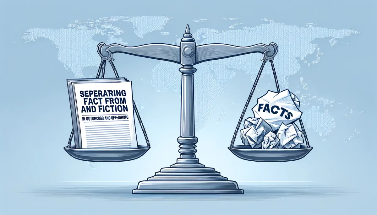 Vector illustration for a blog header. Title 'Separating Fact from Fiction in Outsourcing and Offshoring' prominently displayed at the top. Visualize the concept with a balance scale: on one side, place a clear, sharp document labeled 'FACTS' and on the other, a crumpled paper symbolizing myths or fiction. Background should have faint outlines of world continents, emphasizing the global context of the topic. Use cool, corporate colors like blues and soft grays.