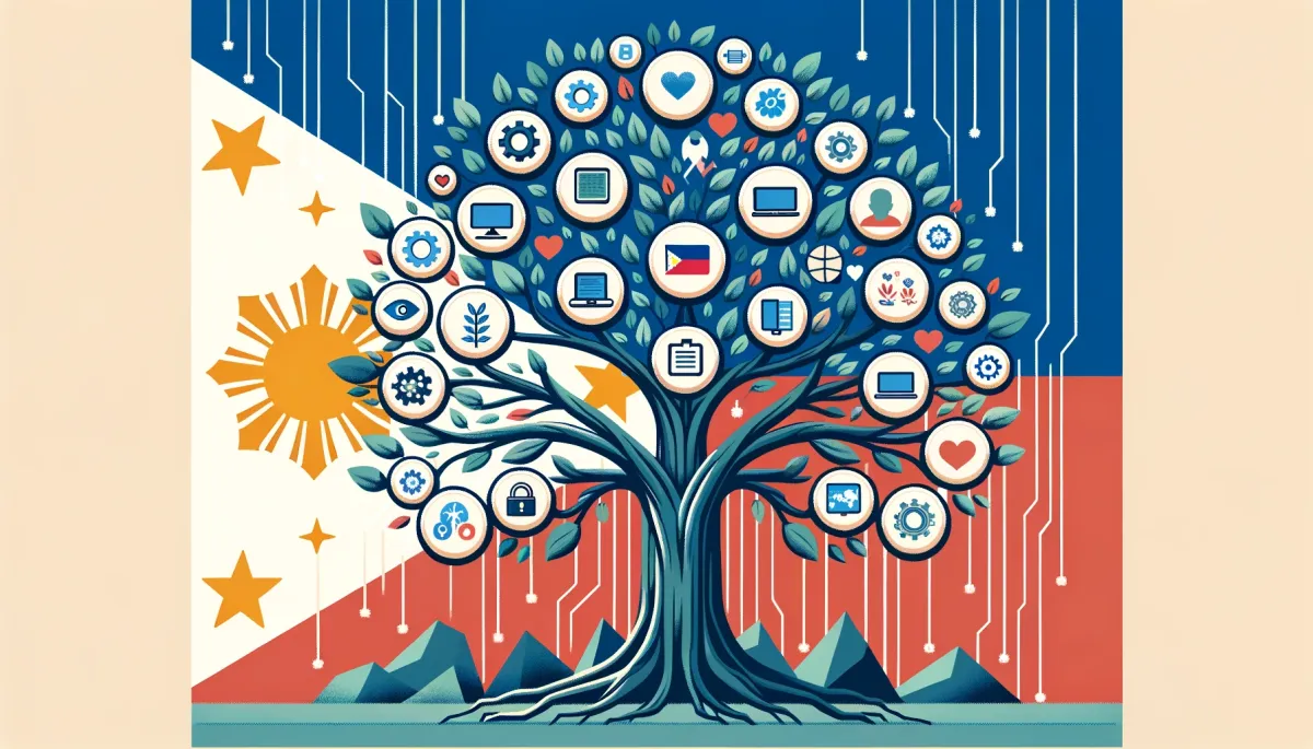 Vector illustration for a blog post with the title 'Unlocking Potential: The Blossoming BPO Sector in the Philippines Amidst a Global Crisis'. Illustrate a flourishing tree as a metaphor, with each branch holding icons representing different BPO services like customer support, IT services, and human resources. Intertwine the tree with subtle elements like tech gears and global links, symbolizing technological advancement and international reach. Set against a backdrop of the Philippine flag colors subtly blended in, complemented by a modern, tech-inspired color scheme.