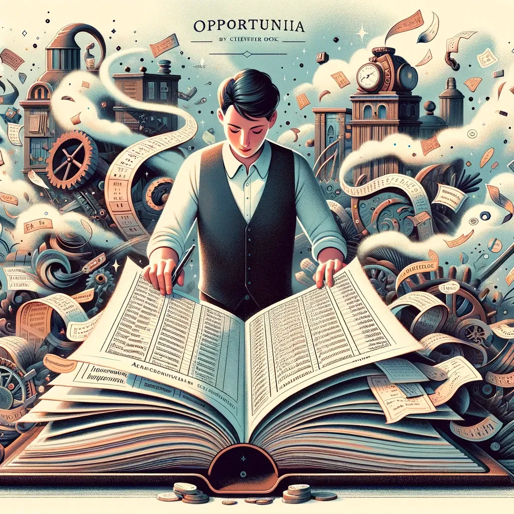 Photo of an overburdened young bookkeeper named Alex, with medium skin tone and short dark hair, sitting in a modern office with a large, thick ledger open in front of them. The ledger is filled with complex charts and numbers. The background of the office reflects the cityscape of a fictional city named Opportunia, suggesting a busy environment. The photo conveys the feeling of the character being overwhelmed, yet determined to manage the financial tasks.