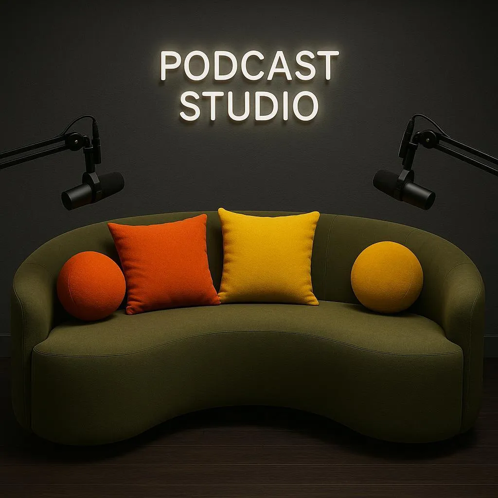 Professional podcast studio with soundproof walls, high-quality microphones, headphones, acoustic panels, and a modern recording setup for creators and businesses.