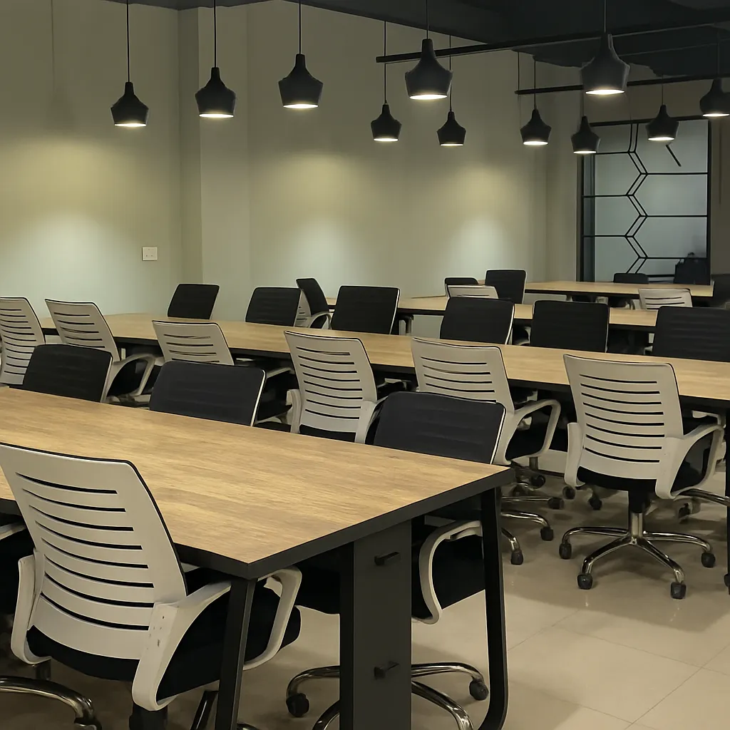 Comfortable coworking sitting area with modern sofas, coffee table, indoor plants, and a relaxing lounge space for professionals