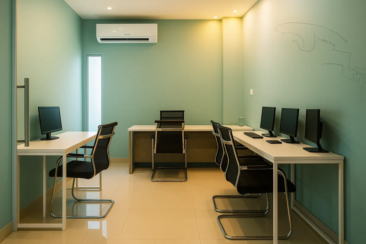 Modern private office with minimalist design, ergonomic black chairs, white work desks, desktop computers, and pastel green walls in a professional coworking space