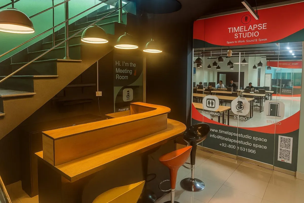 Modern sharing workstation with multiple desks, ergonomic chairs, laptops, and a collaborative coworking space design for teams and freelancers.