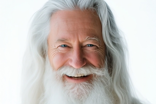 Image of a happy old man with white hare and beard.