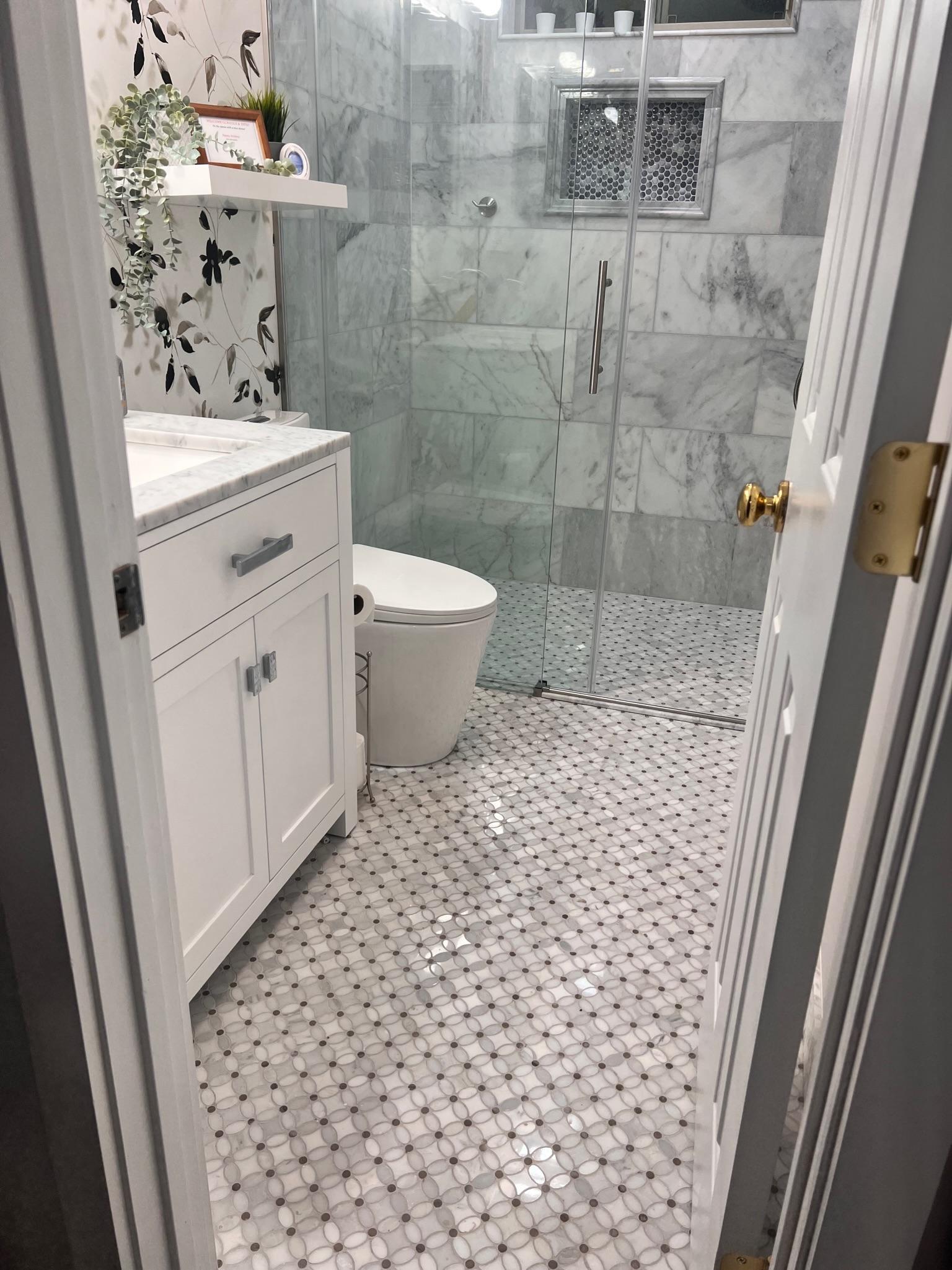 Master bathroom remodeling in Mint Hill featuring large-format tile and updated fixtures