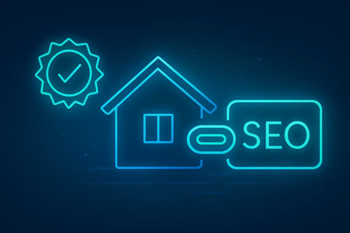 Neon illustration of a home, link icon, and SEO symbol representing trusted backlinks for roofing companies