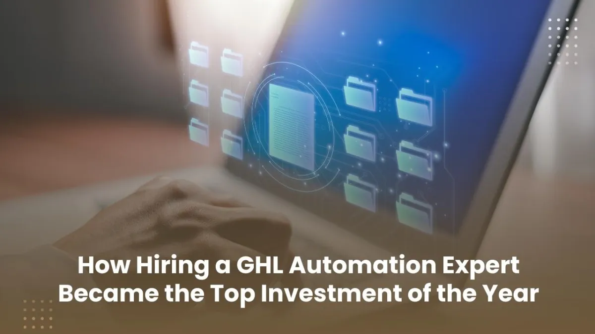 Person using a laptop with digital folders and document icons representing automation processes, highlighting how hiring a GHL automation expert became the top investment of the year.