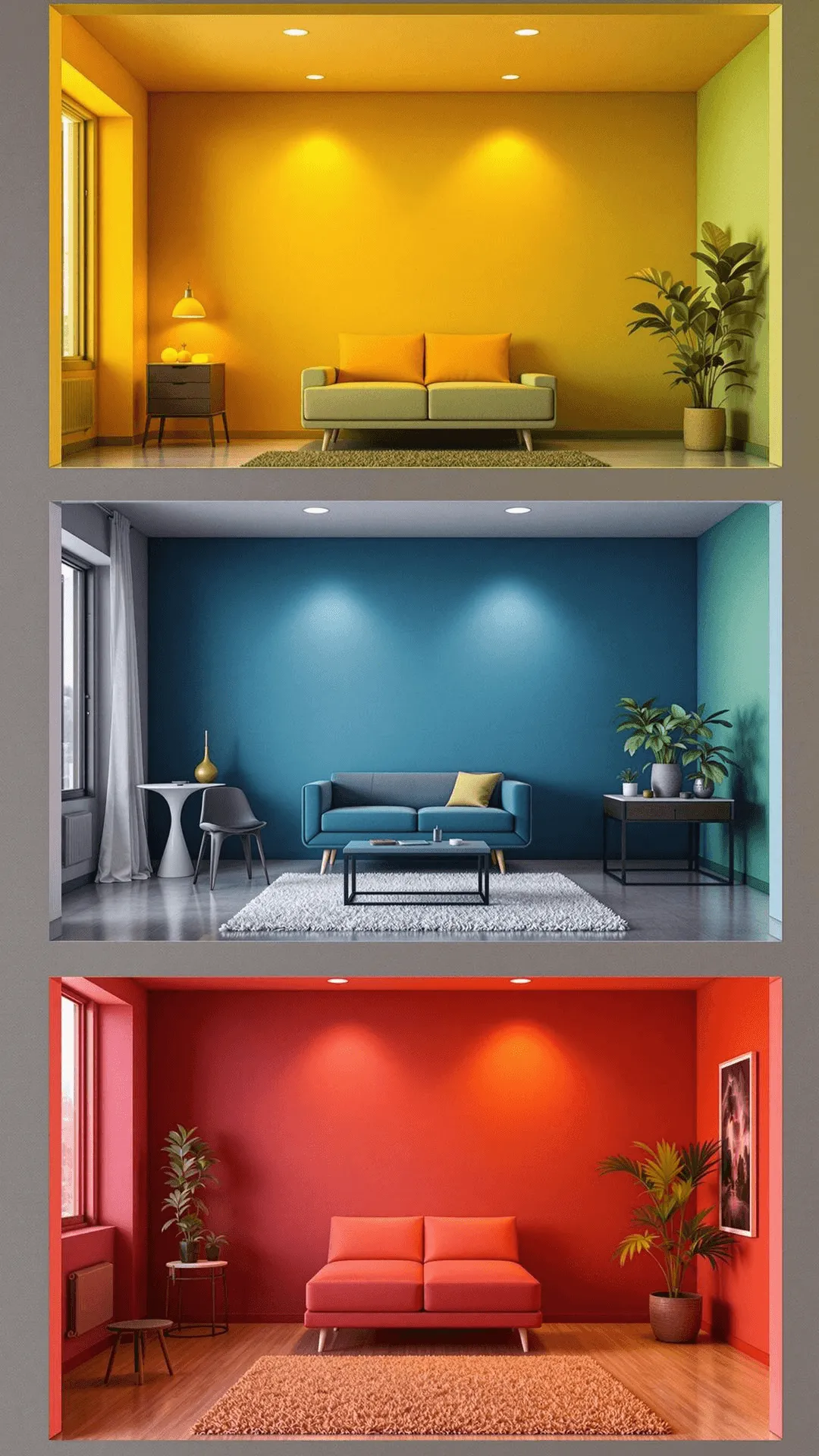 A modern, cozy living room with walls painted in soothing blue tones, enhancing relaxation and focus.