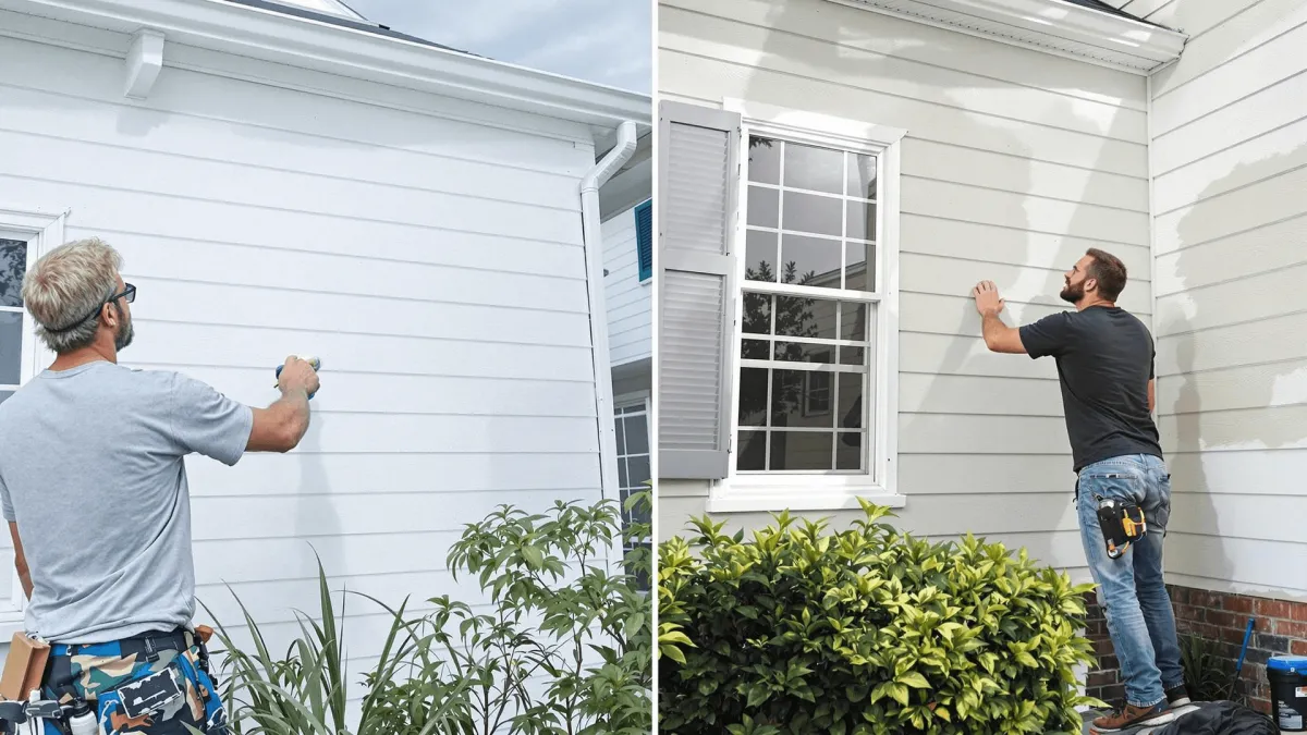 A side-by-side comparison of a DIY painter and a professional working on a home’s exterior.