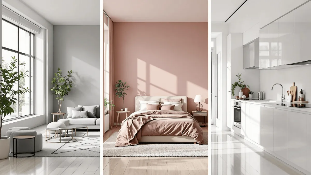 A modern home interior showcasing different paint finishes on walls in various rooms.