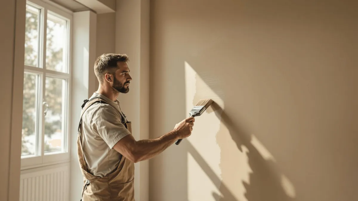 A professional painter applying smooth, even strokes on an interior wall.
