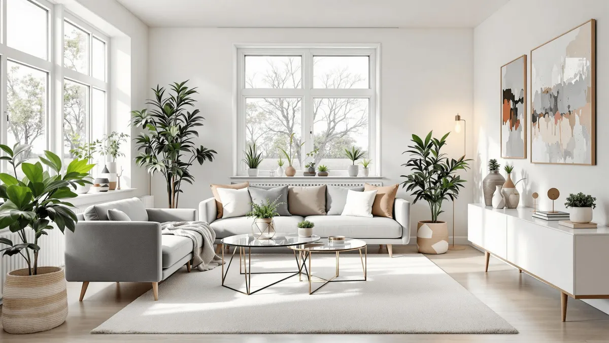 A small living space painted in soft, airy tones to create the illusion of more space