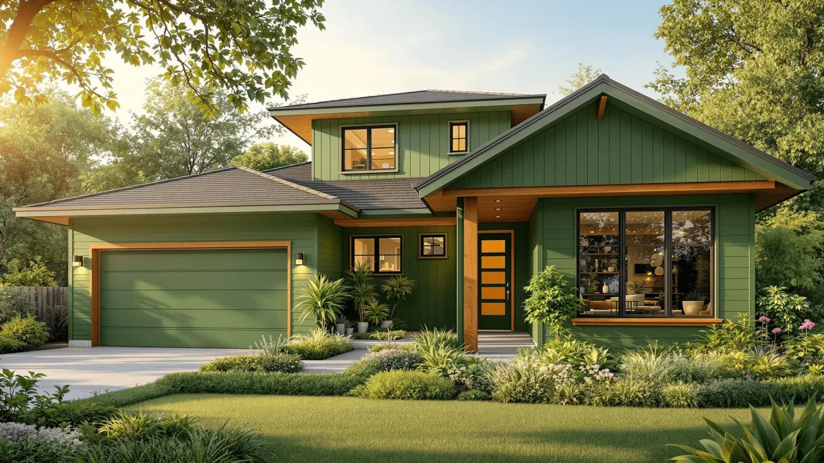 A beautifully painted home using sustainable, low-VOC exterior paint with a natural landscape.