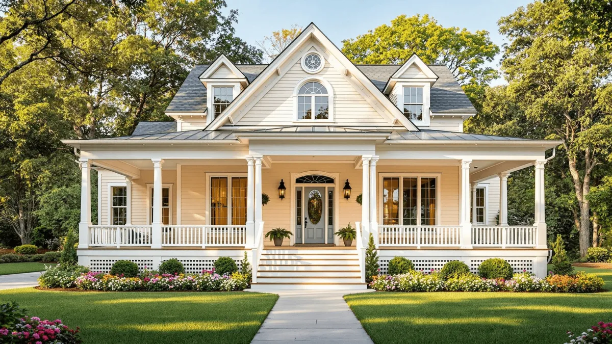 A beautifully painted Southern-style home in Georgia with a modern color palette and lush landscaping.