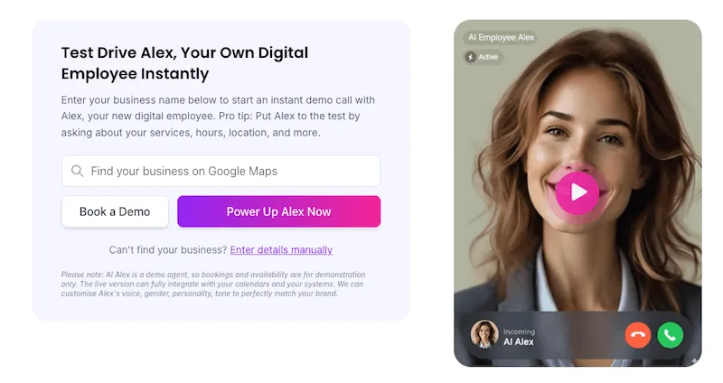 Interactive demo interface for AI Employee Alex, featuring a business lookup form and a simulated video call with a female digital agent.