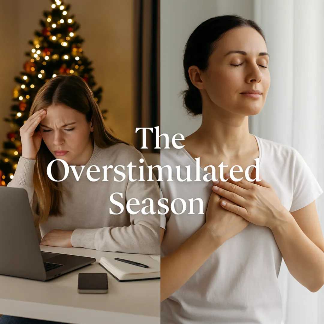 Split image of a woman overwhelmed by holiday tasks on the left and a serene woman practicing heart-centered breathing on the right, visually representing the contrast between stress and inner calm.