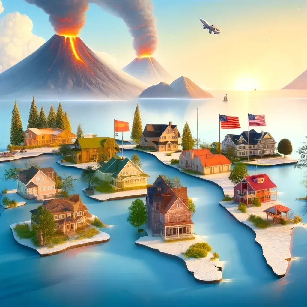 A hyper-realistic digital illustration showing a diverse array of homes representing different states in the USA, each depicted with unique environmental and architectural features. The scene includes a beachfront property for Hawaii, a mountain-backed home for Utah, a house amidst lush greenery for Oregon, a snow-covered residence for Vermont, a community near a house in New Hampshire, a suburban high-rise for New Jersey, a coastal home for Delaware, a rustic house near a lighthouse for Maine, a forest-adjacent home for Idaho, and a farmhouse under storm clouds in Wisconsin.