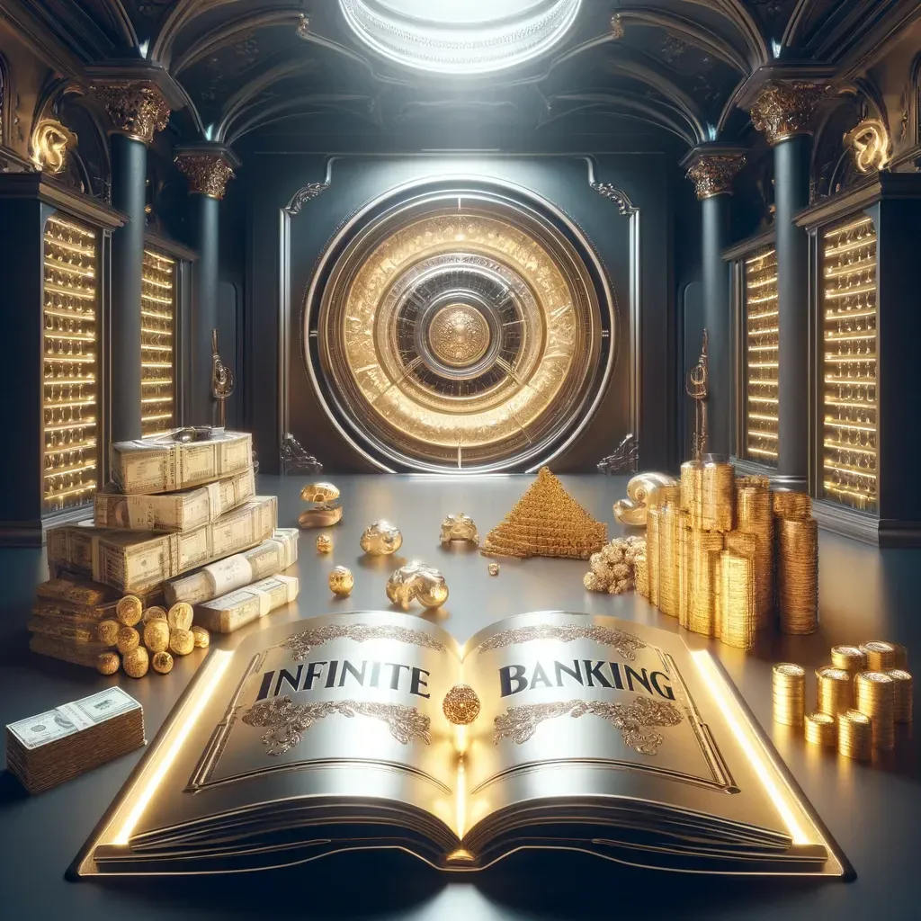 A hyper-photorealistic image of a vast, opulent vault filled with gold coins, cash bundles, and precious jewels, symbolizing wealth and security. In the center is an open, ornately decorated book labeled 'Infinite Banking', with subtly glowing pages. The softly lit background adds to the mysterious and luxurious atmosphere, emphasizing the concept of a secure and prosperous personal financial system.