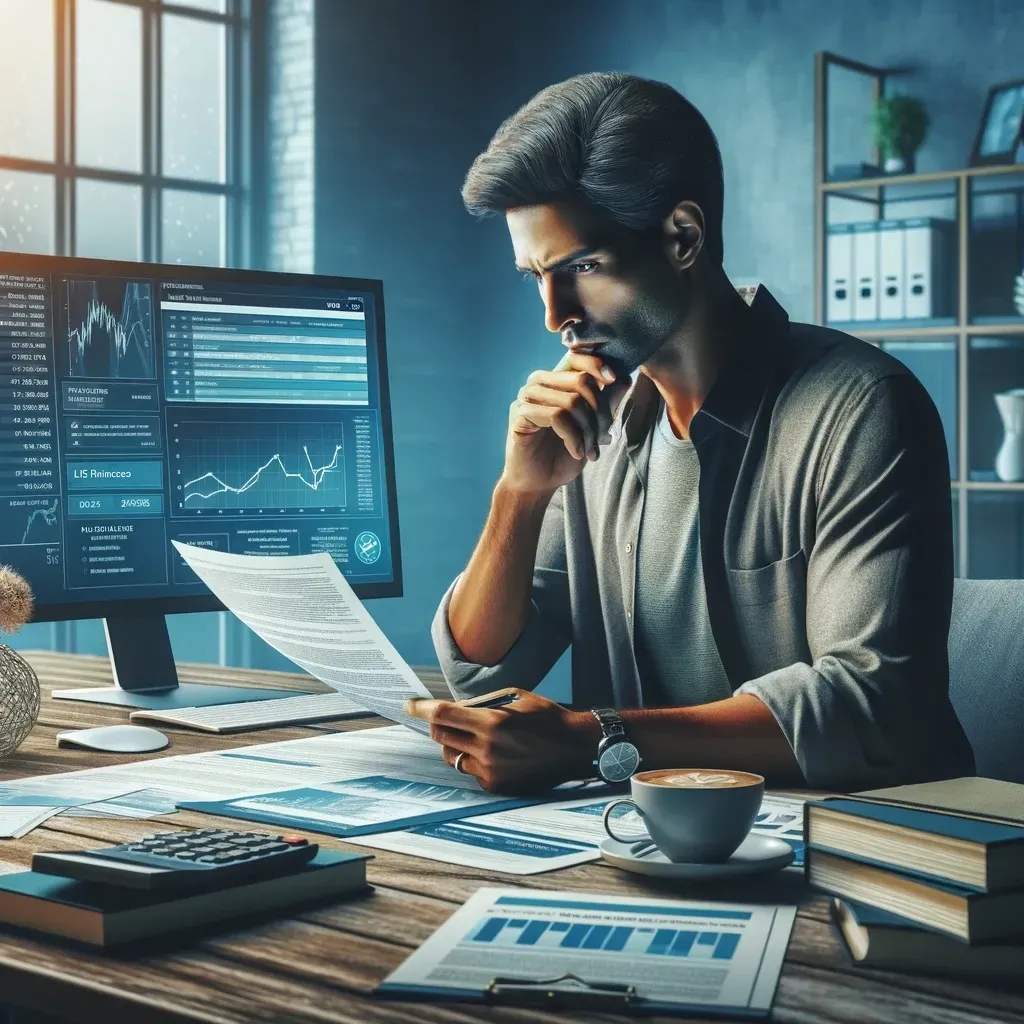 A middle-aged South Asian man sits thoughtfully in a modern, well-lit home office, examining life insurance documents spread out on a table. A computer screen displaying financial graphs and data, along with finance books and a cup of coffee, can also be seen, creating an atmosphere of focused financial planning.
