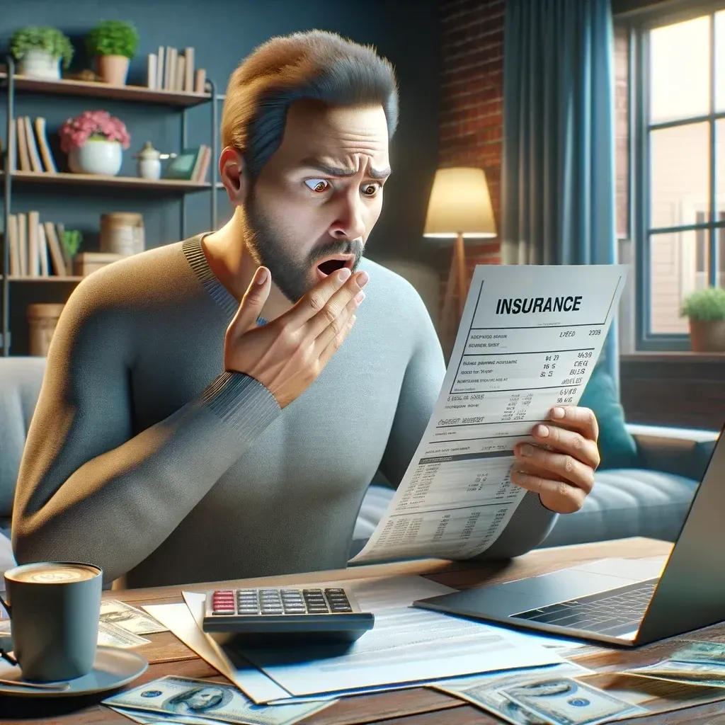 A middle-aged man with a surprised expression looks concerned while sitting in a modern living room. On the table in front of him are a laptop and a calculator. The background shows a cozy home environment, conveying the theme of rising auto and home insurance rates and evoking a sense of financial concern.